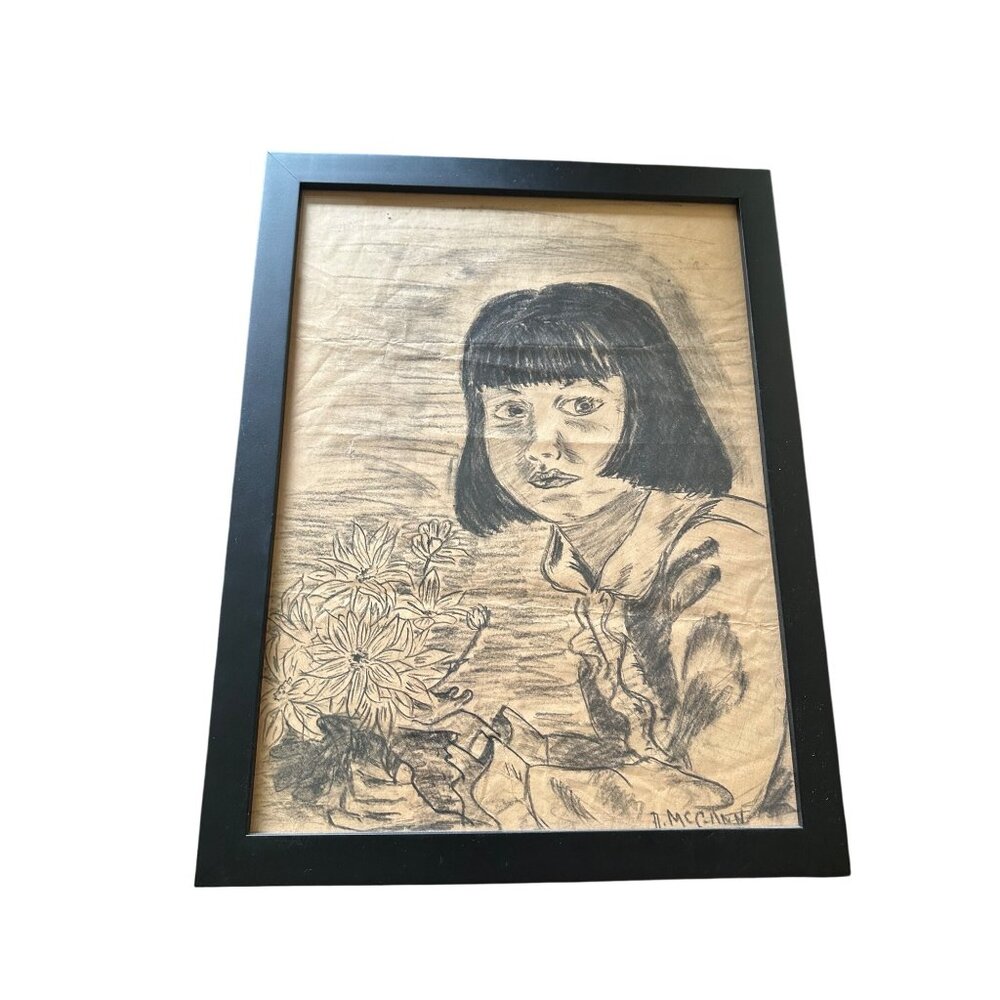 Framed Pencil Portrait Of Girl With Flowers By A. McClain 18"x12" From Frames Un